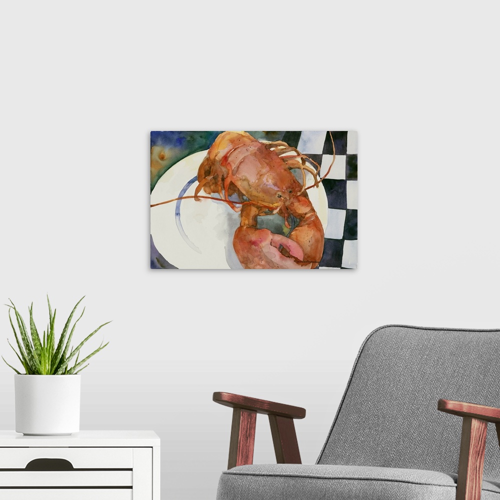 A modern room featuring Contemporary watercolor painting of a lobster on a dinner plate.