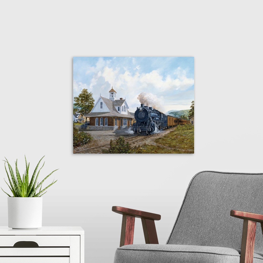A modern room featuring Painting of a train pulling into the station in a rural area.