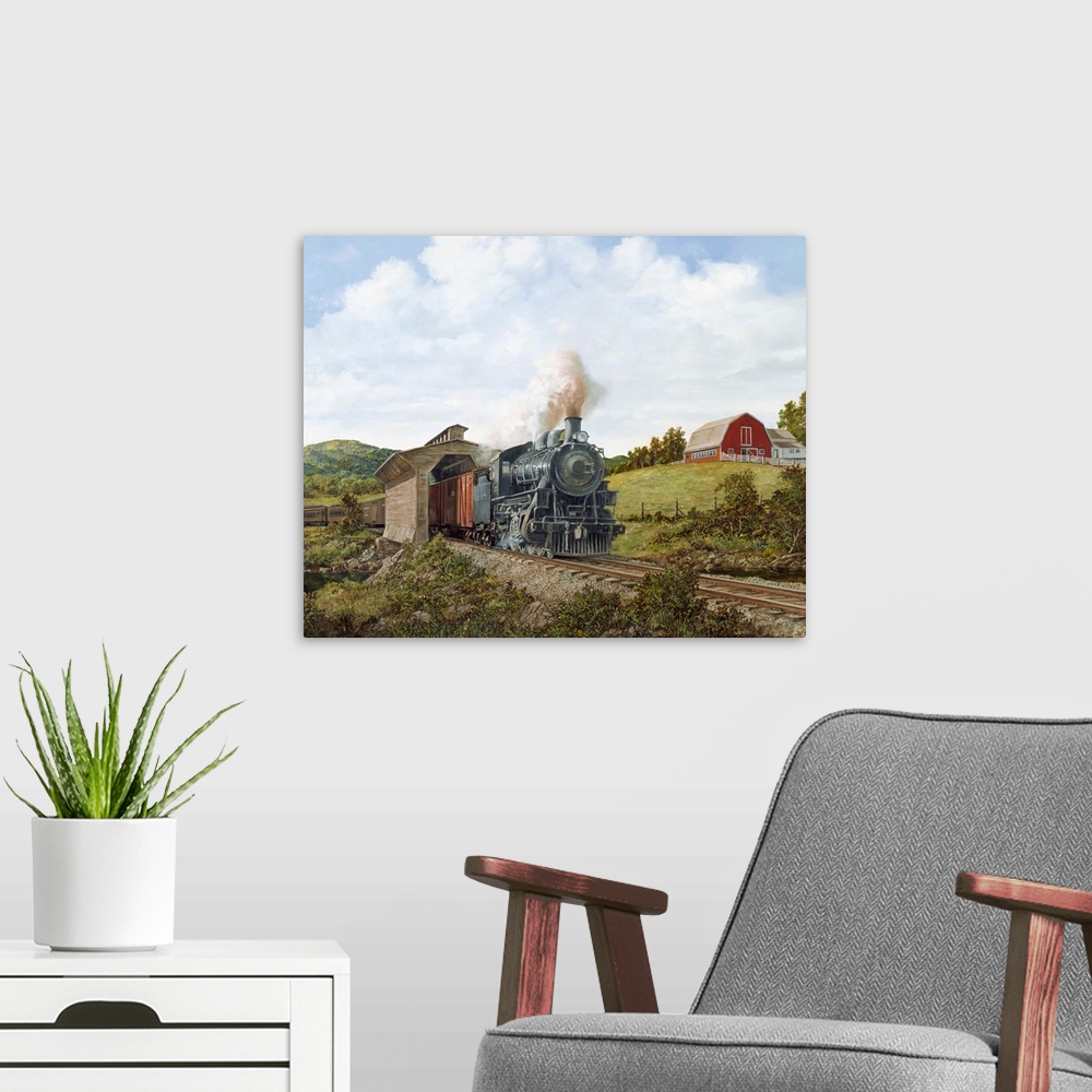 A modern room featuring Contemporary painting of a locomotive passing through a covered bridge in a rural landscape.