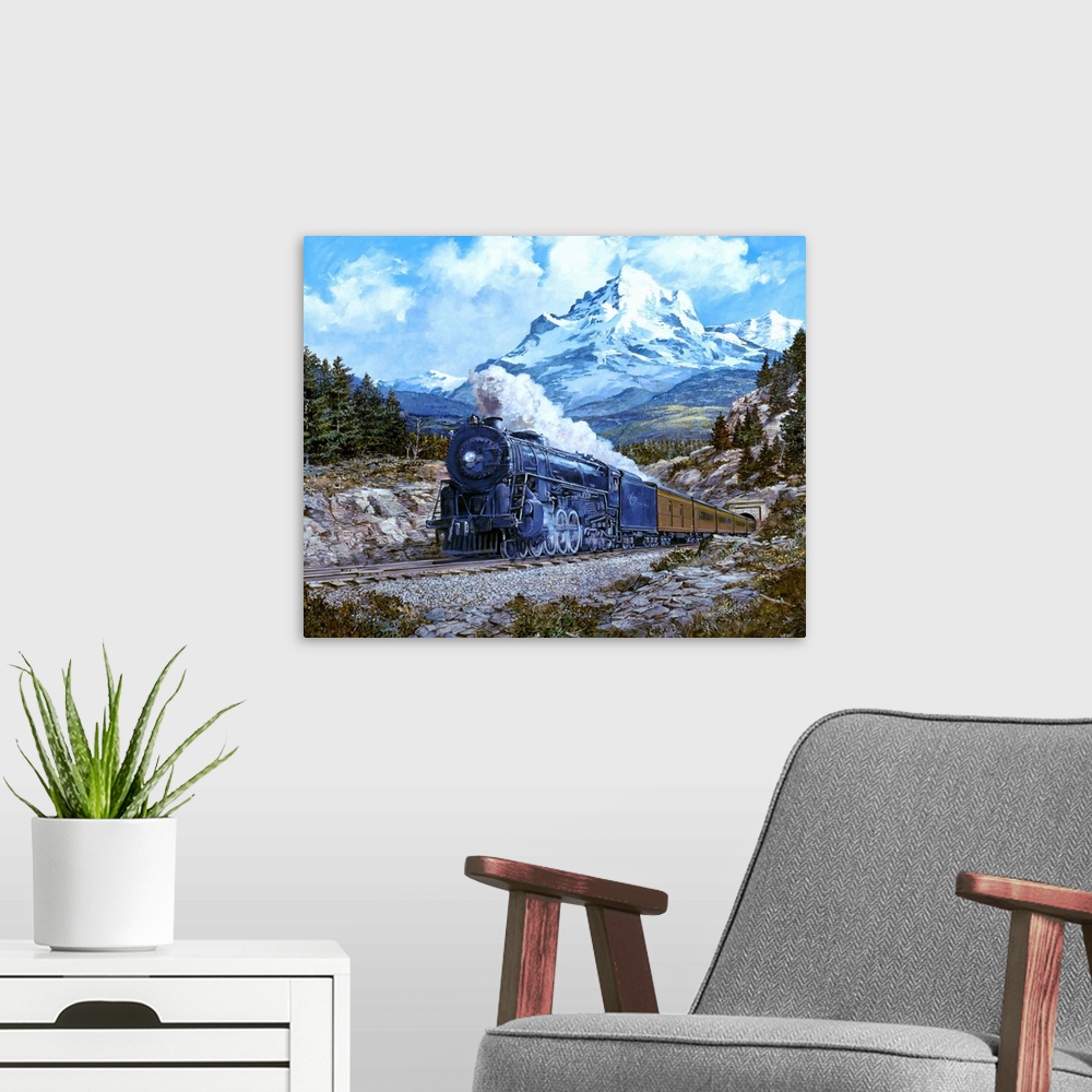 A modern room featuring Contemporary painting of a locomotive passing through an idyllic mountainous landscape.