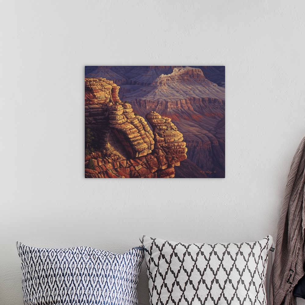 A bohemian room featuring Rocky, striated cliffs from the Grand Canyon.