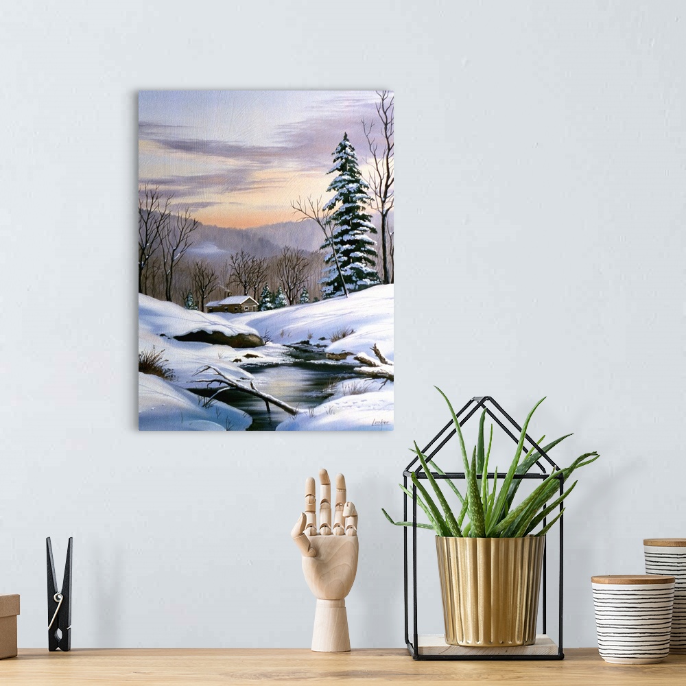 A bohemian room featuring Contemporary painting of a cabin in the woods by a stream after a heavy snowfall.