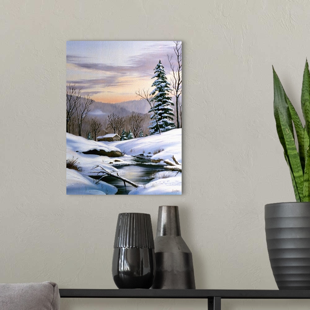 A modern room featuring Contemporary painting of a cabin in the woods by a stream after a heavy snowfall.