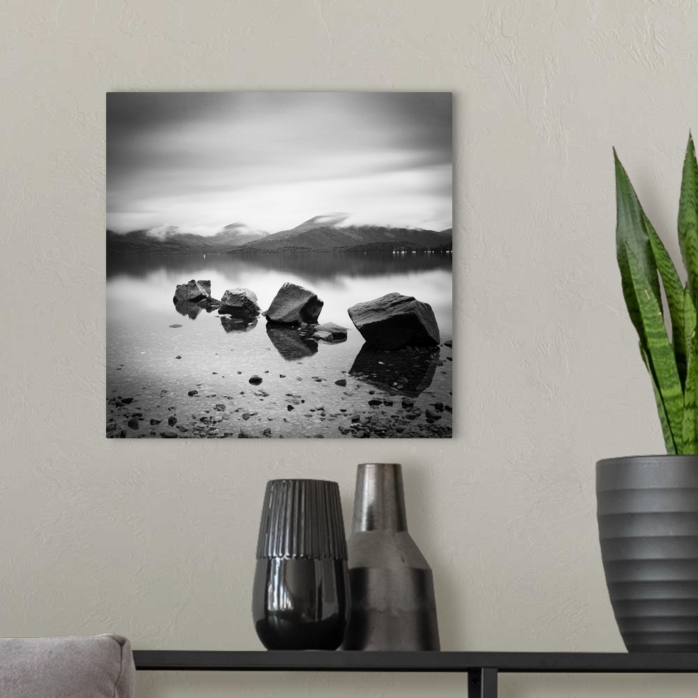 A modern room featuring Lomond Rocks, black and white photography