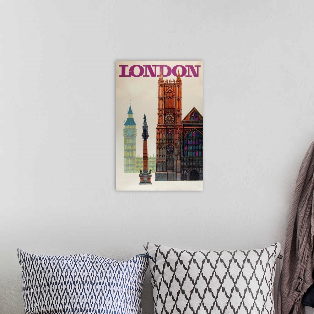 A bohemian room featuring Vintage poster advertisement for London Big Ben.