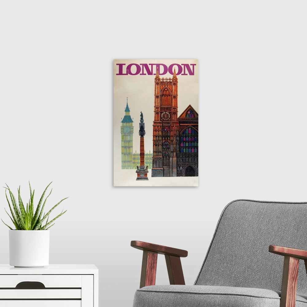 A modern room featuring Vintage poster advertisement for London Big Ben.