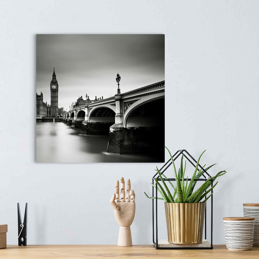 A bohemian room featuring London Westminster, black and white photography