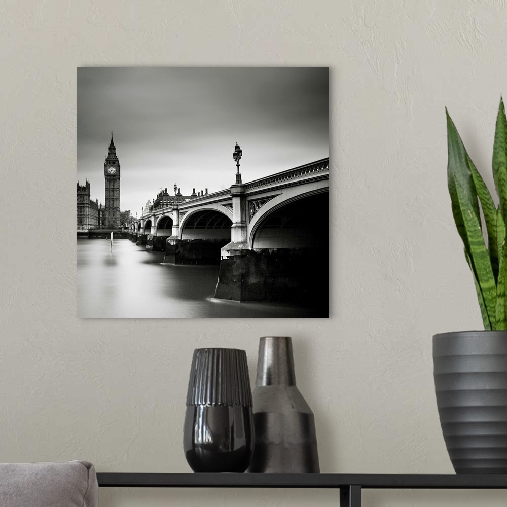 A modern room featuring London Westminster, black and white photography