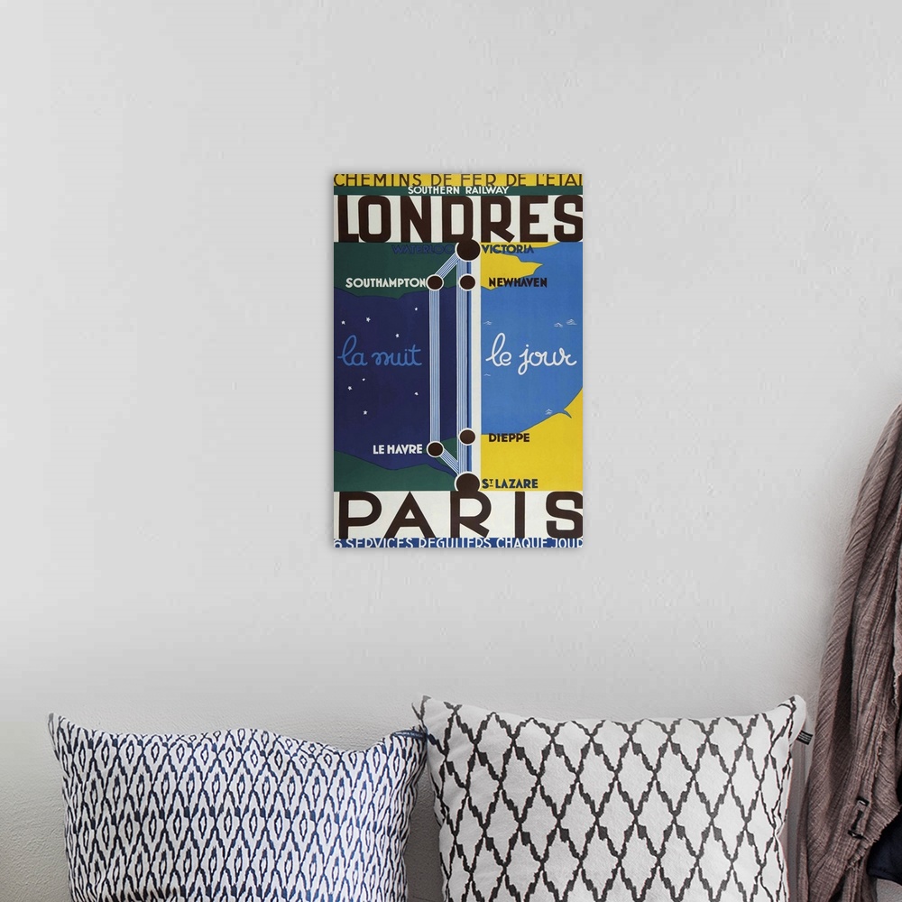 A bohemian room featuring Vintage poster advertisement for Londres Paris.