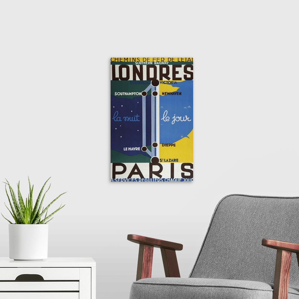 A modern room featuring Vintage poster advertisement for Londres Paris.