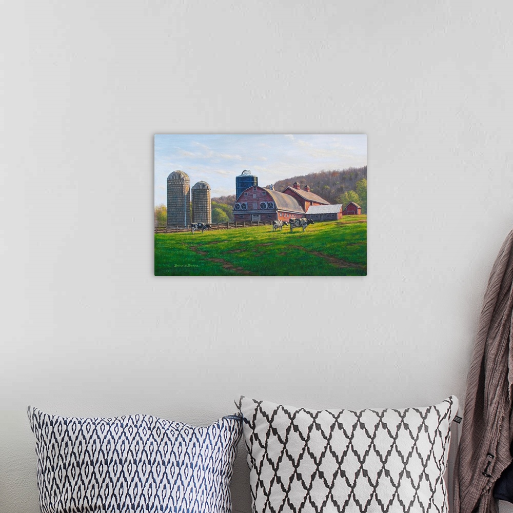 A bohemian room featuring Contemporary artwork of a cow and farm scene.