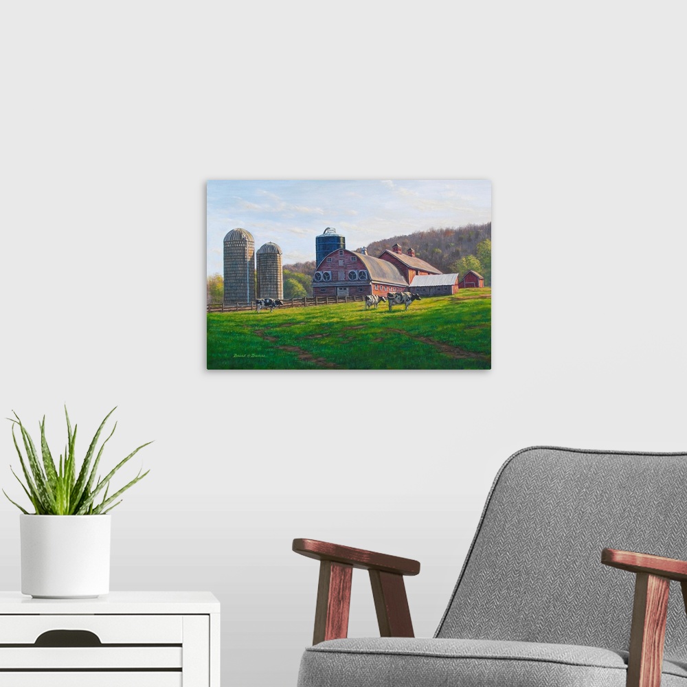 A modern room featuring Contemporary artwork of a cow and farm scene.