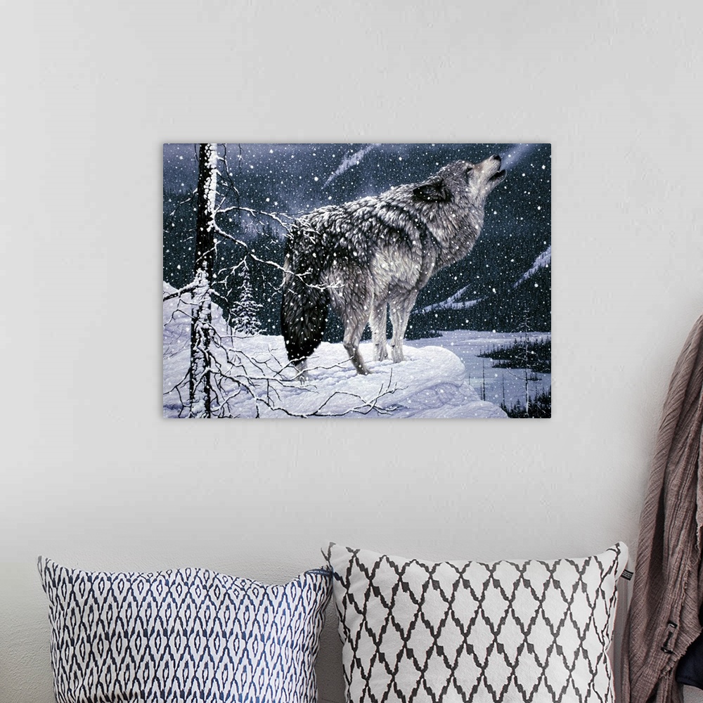 A bohemian room featuring a wolf on a snow covered ledge, next to a tree, howling winter