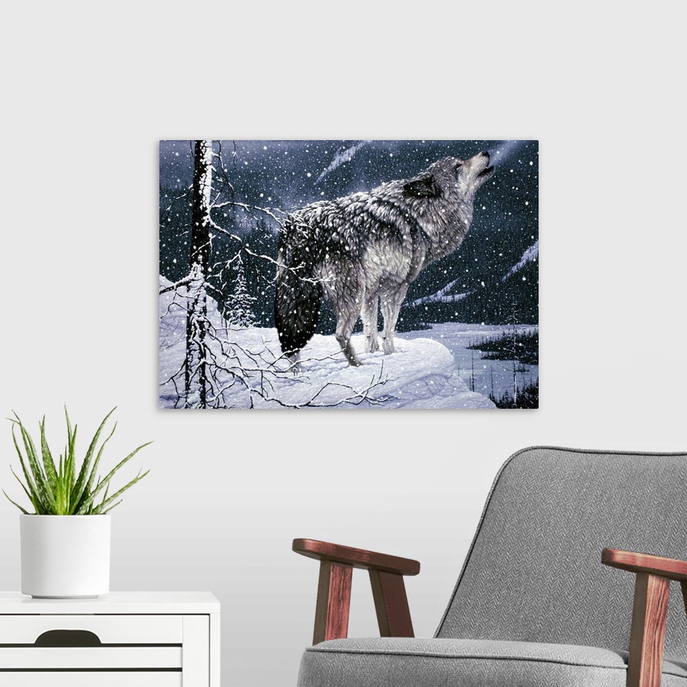 A modern room featuring a wolf on a snow covered ledge, next to a tree, howling winter