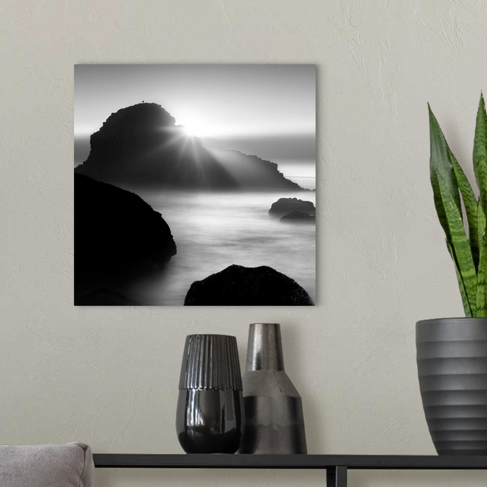 A modern room featuring sunrise, rocks, seagull, black and white photograph