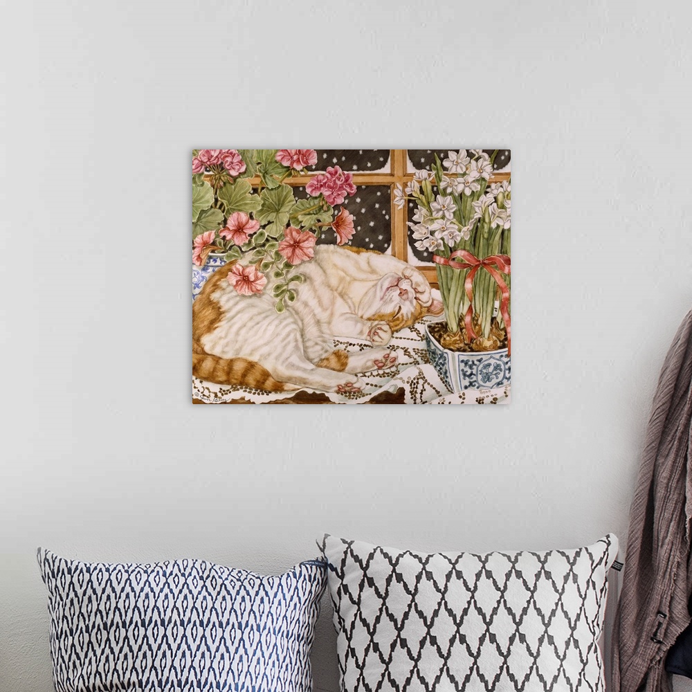 A bohemian room featuring Painting of a cat sleeping on a table next to vases of flowers.
