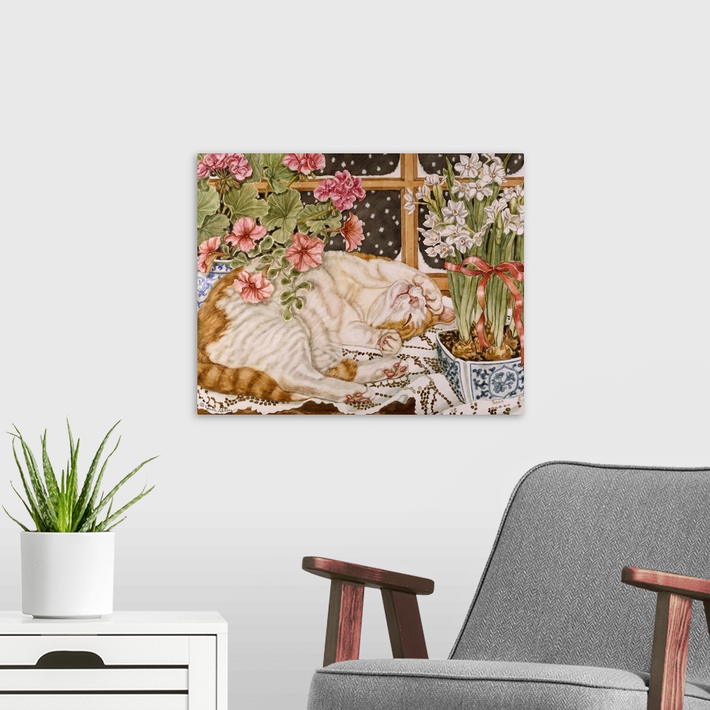 A modern room featuring Painting of a cat sleeping on a table next to vases of flowers.