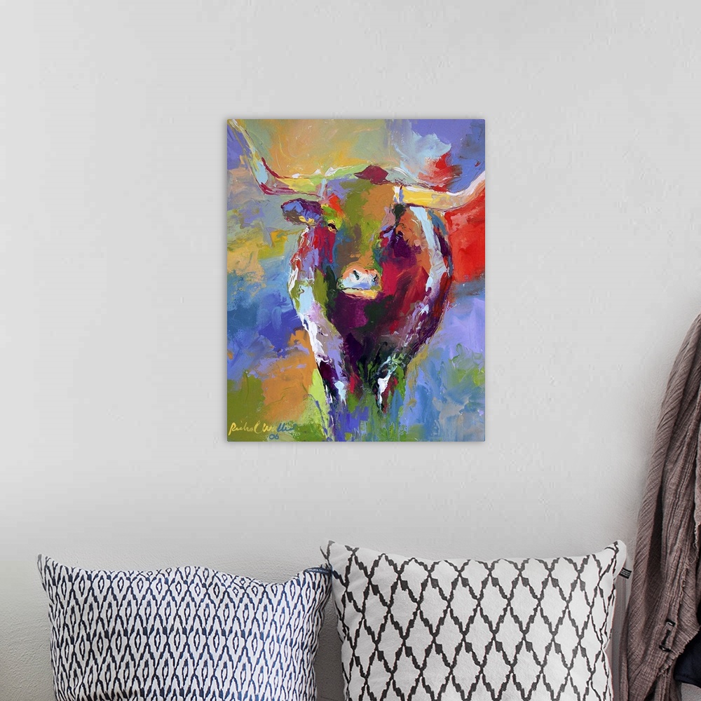 A bohemian room featuring Contemporary vibrant colorful painting of a bull with large horns.