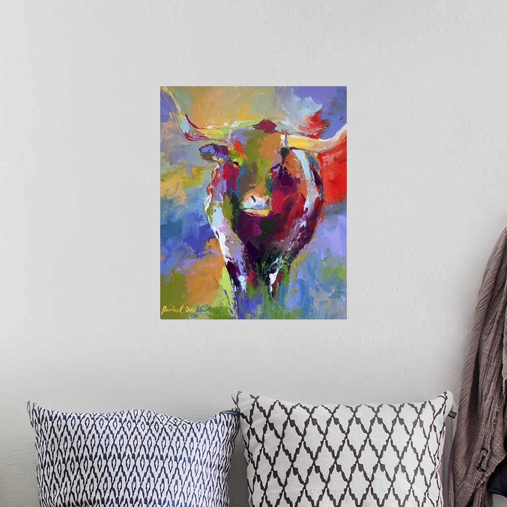A bohemian room featuring Contemporary vibrant colorful painting of a bull with large horns.