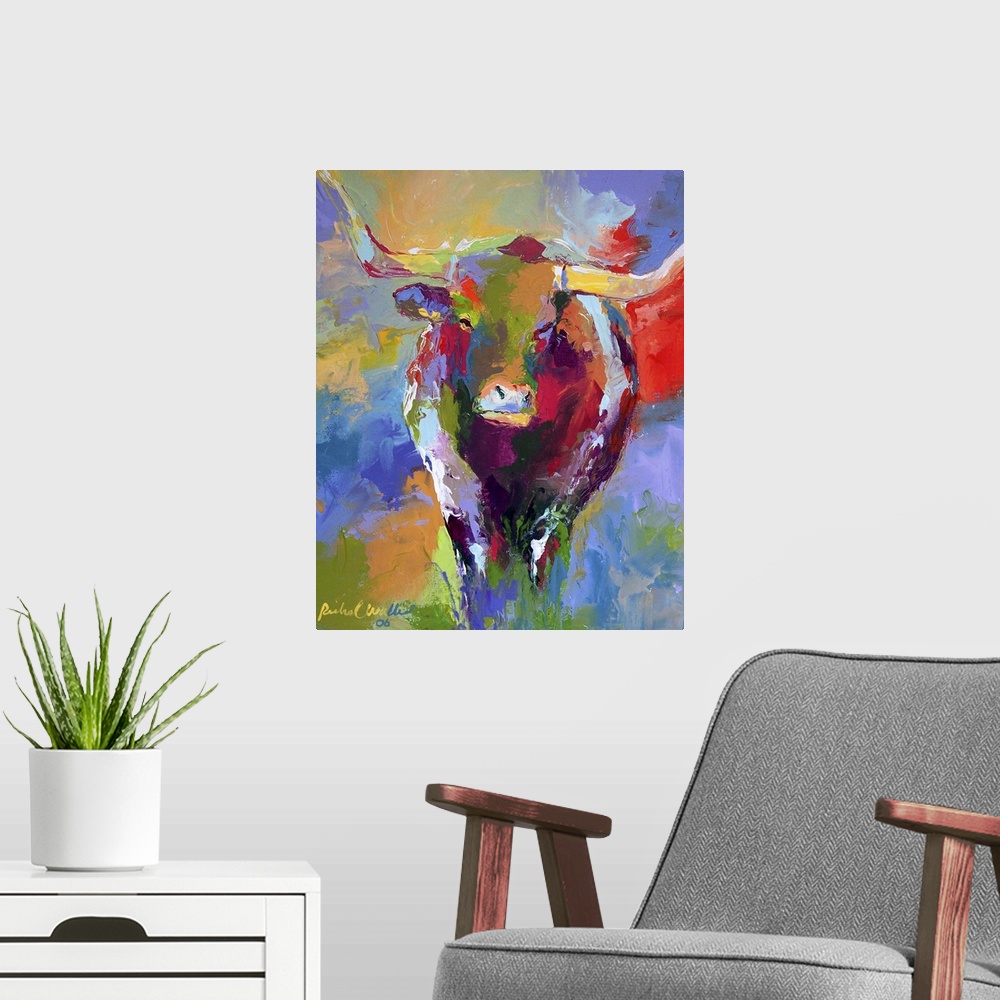 A modern room featuring Contemporary vibrant colorful painting of a bull with large horns.