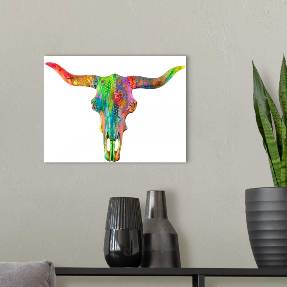 A modern room featuring Colorful painting of a longhorn skull covered in abstract designs on a solid white background.