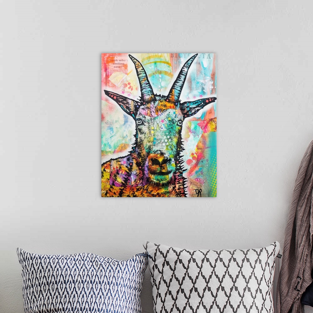 A bohemian room featuring Painted portrait of a goat on a colorfully designed background.