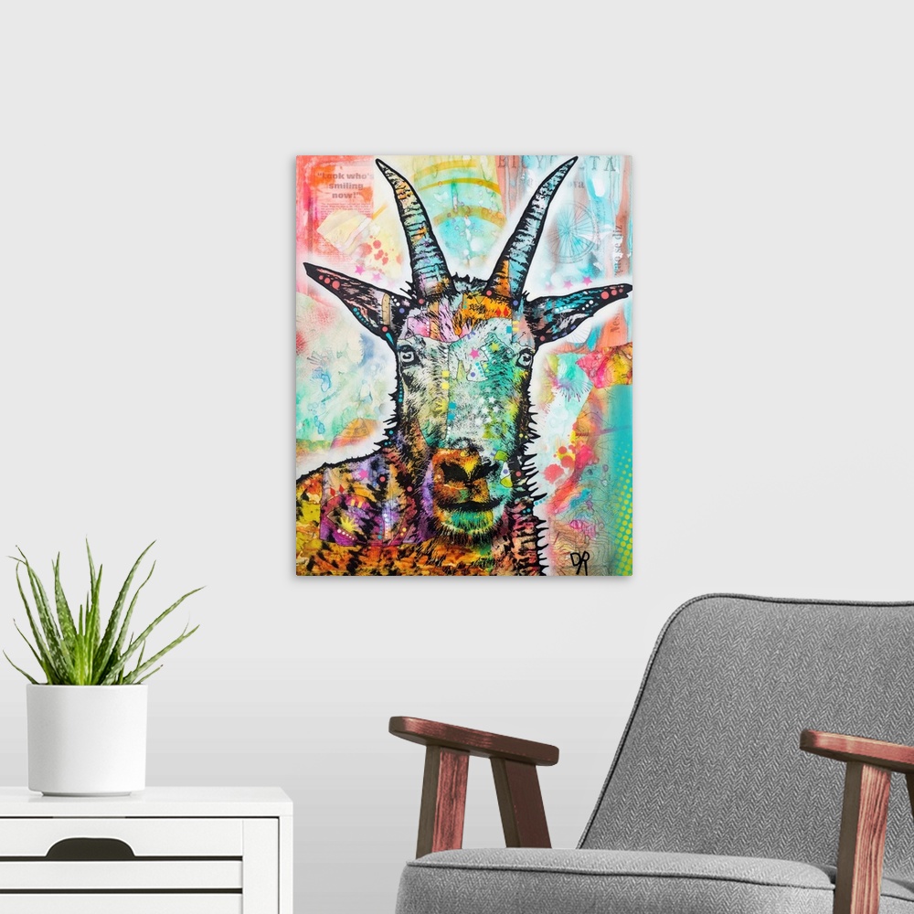 A modern room featuring Painted portrait of a goat on a colorfully designed background.