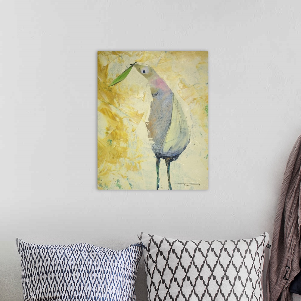 A bohemian room featuring Contemporary painting of a bird holding a small leaf.