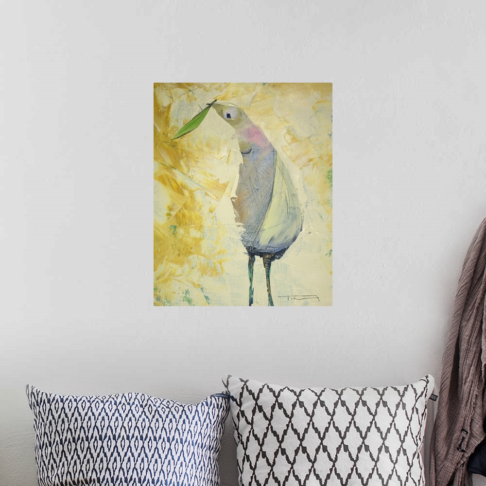 A bohemian room featuring Contemporary painting of a bird holding a small leaf.