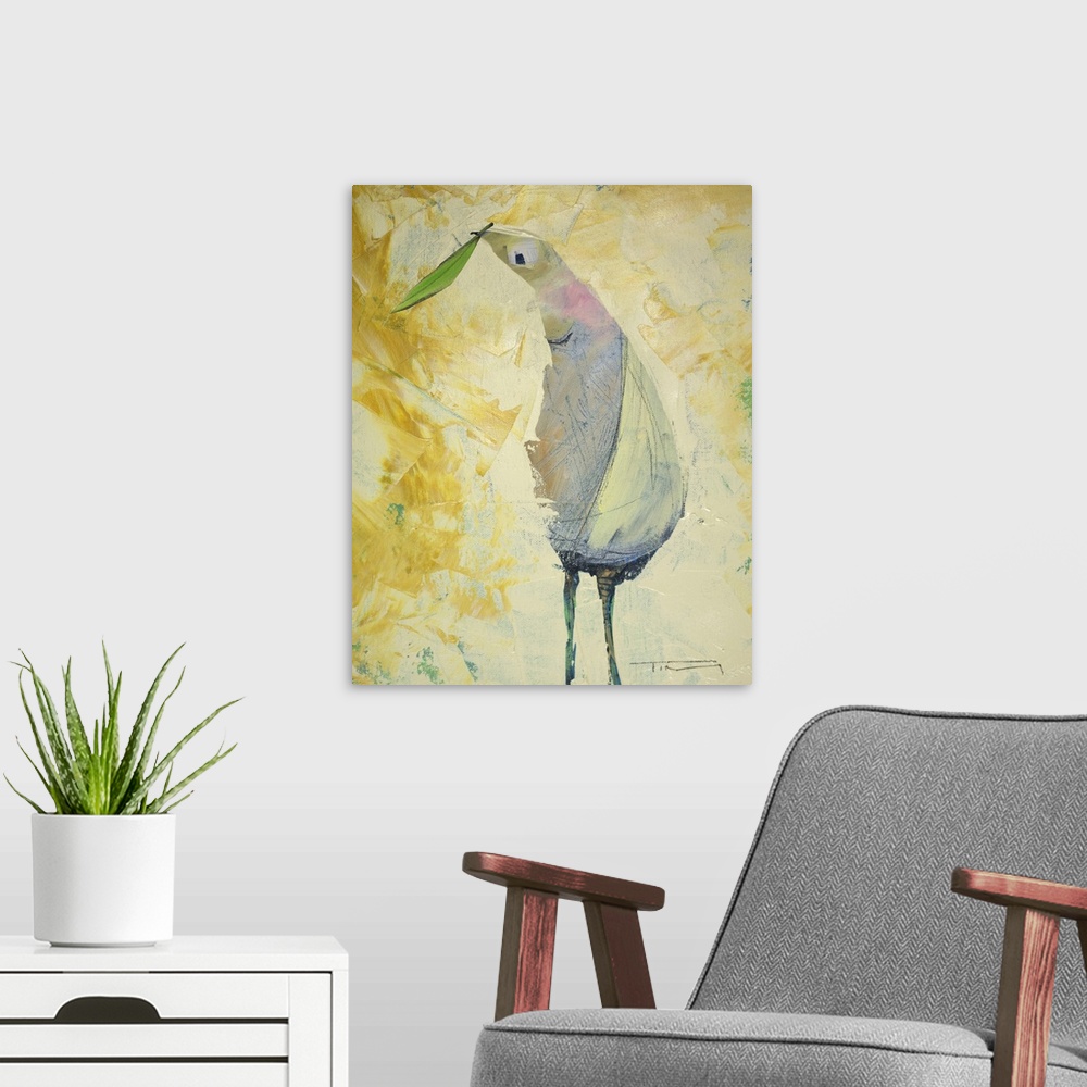 A modern room featuring Contemporary painting of a bird holding a small leaf.