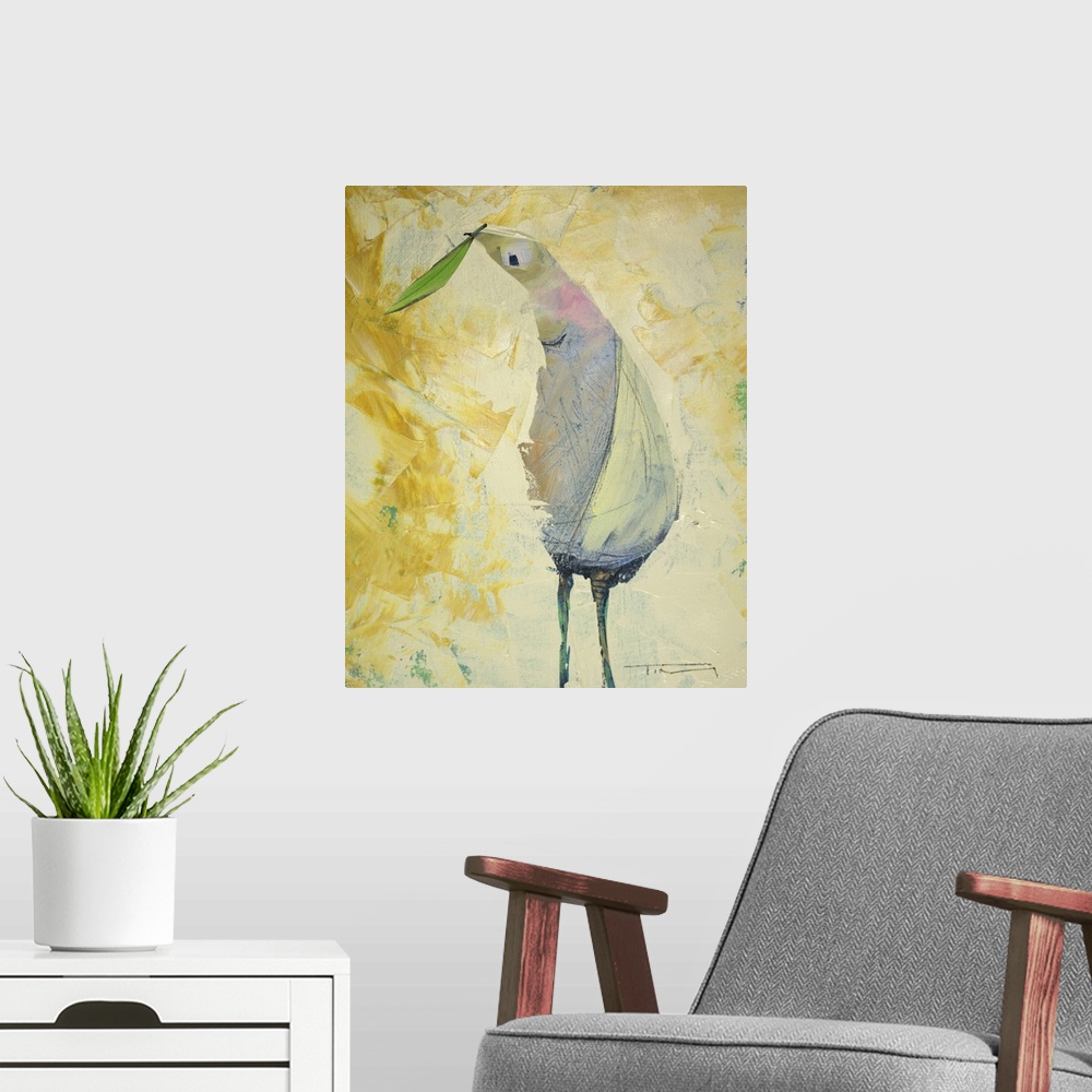 A modern room featuring Contemporary painting of a bird holding a small leaf.