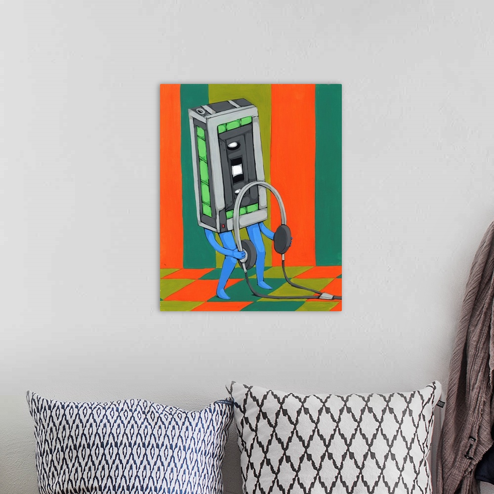 A bohemian room featuring Painting of a cassette tape player with arms and legs holding a pair of headphones on an orange, ...
