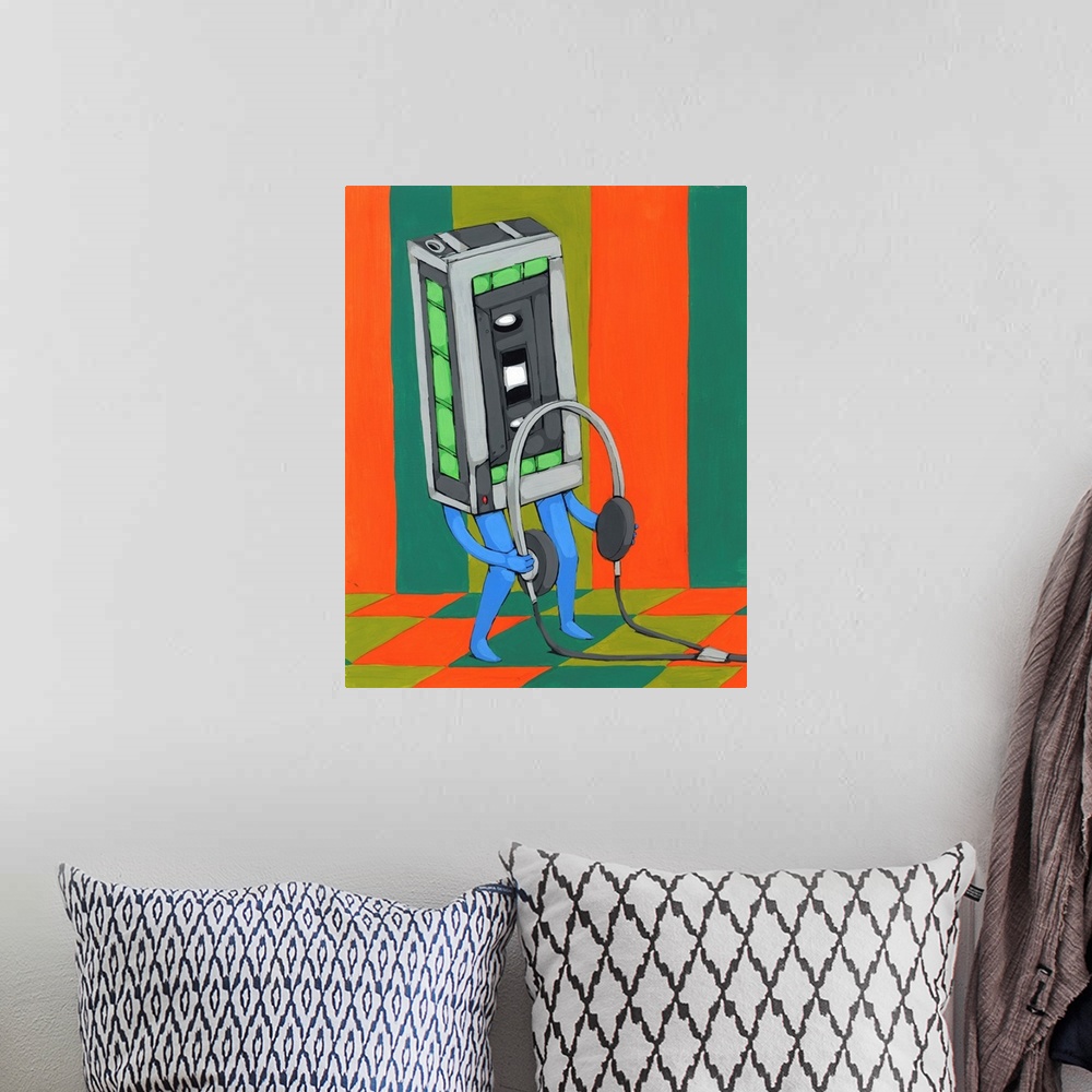 A bohemian room featuring Painting of a cassette tape player with arms and legs holding a pair of headphones on an orange, ...