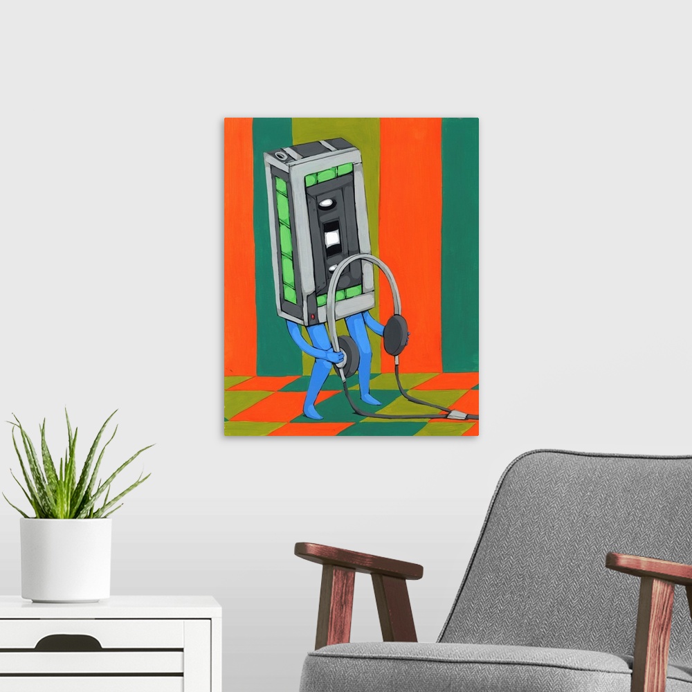 A modern room featuring Painting of a cassette tape player with arms and legs holding a pair of headphones on an orange, ...