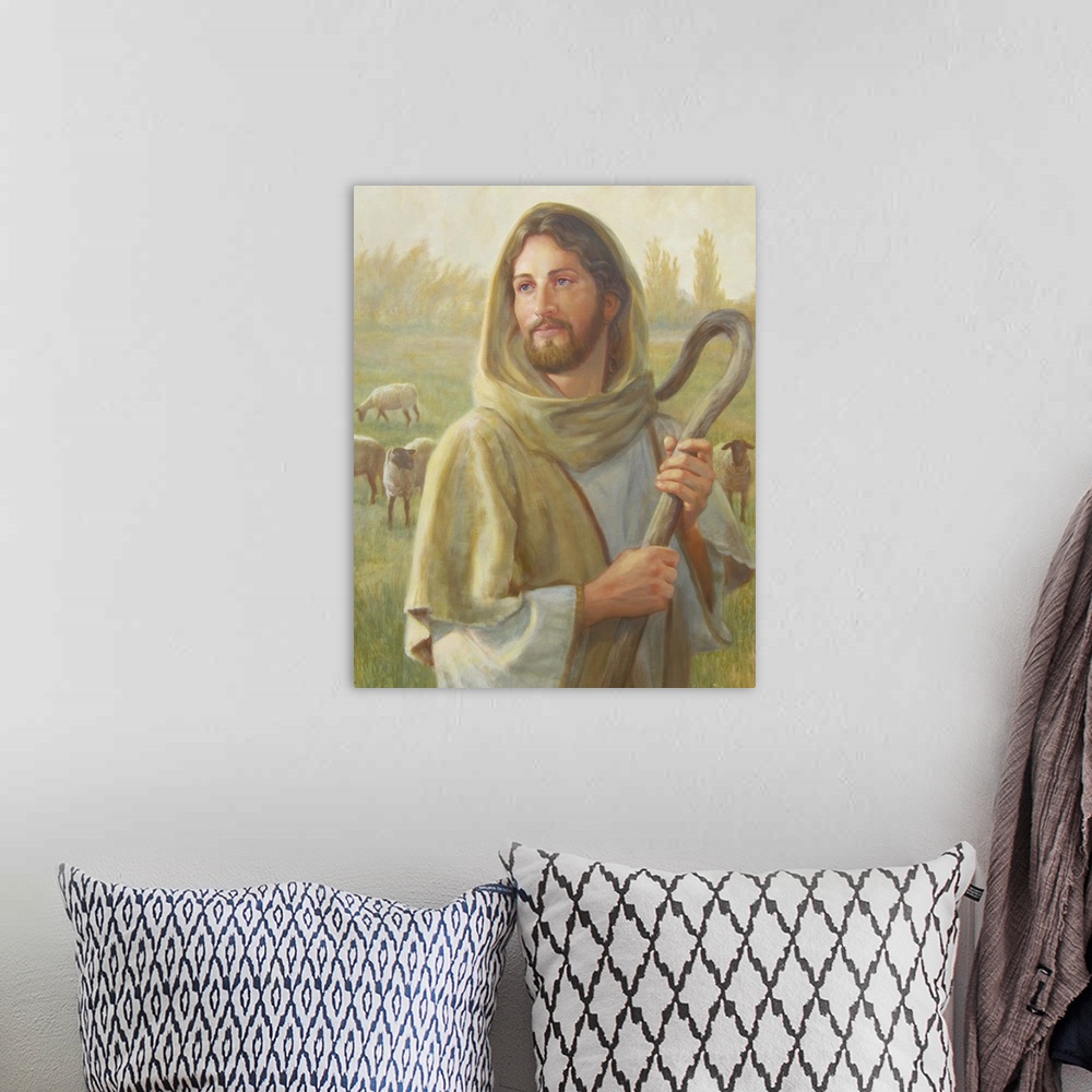 A bohemian room featuring Jesus Christ as a shepherd in a field, holding a crook.