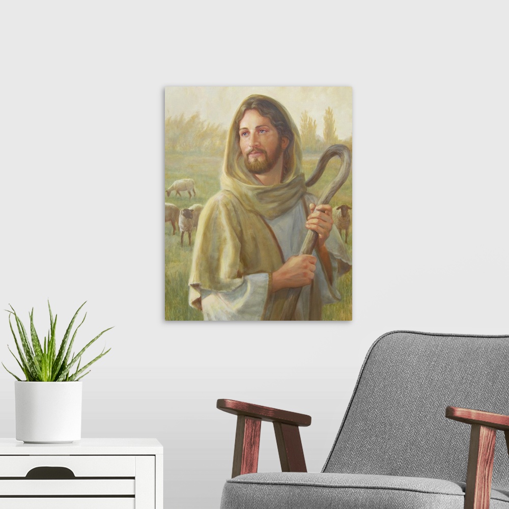 A modern room featuring Jesus Christ as a shepherd in a field, holding a crook.