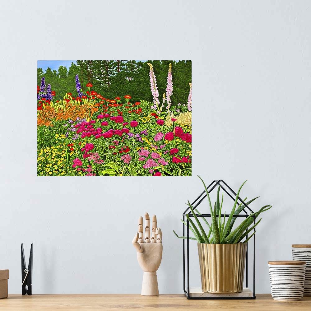 A bohemian room featuring Contemporary painting of a flowering garden.