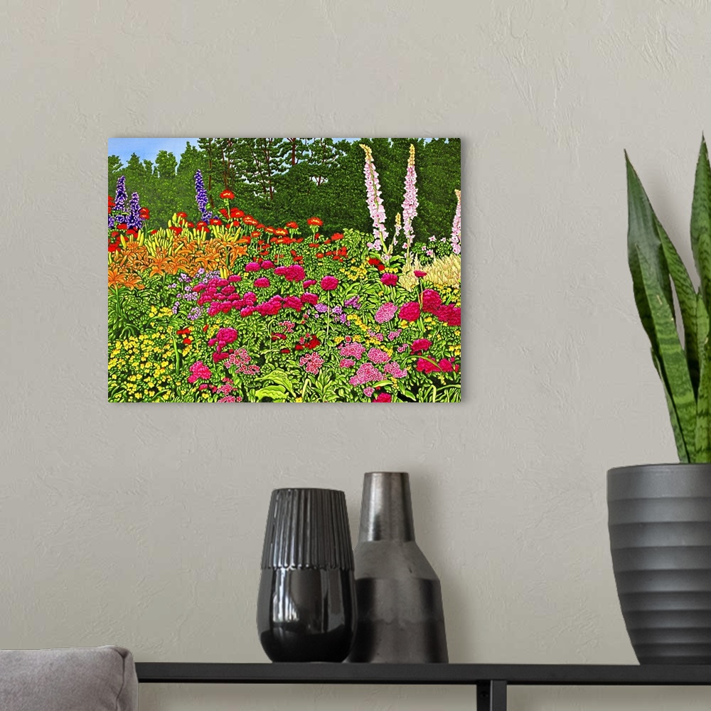 A modern room featuring Contemporary painting of a flowering garden.