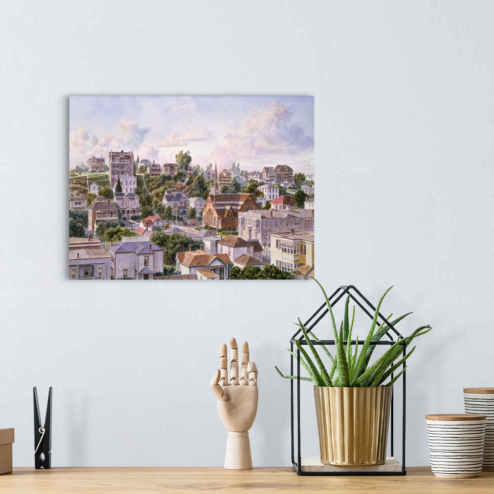 A bohemian room featuring Contemporary painting of a cityscape view of Bunker Hill in Los Angeles California.