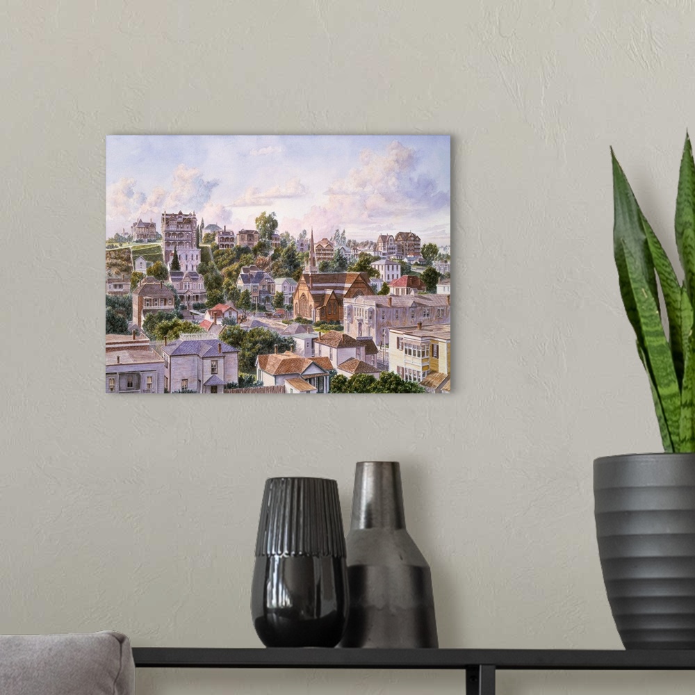 A modern room featuring Contemporary painting of a cityscape view of Bunker Hill in Los Angeles California.