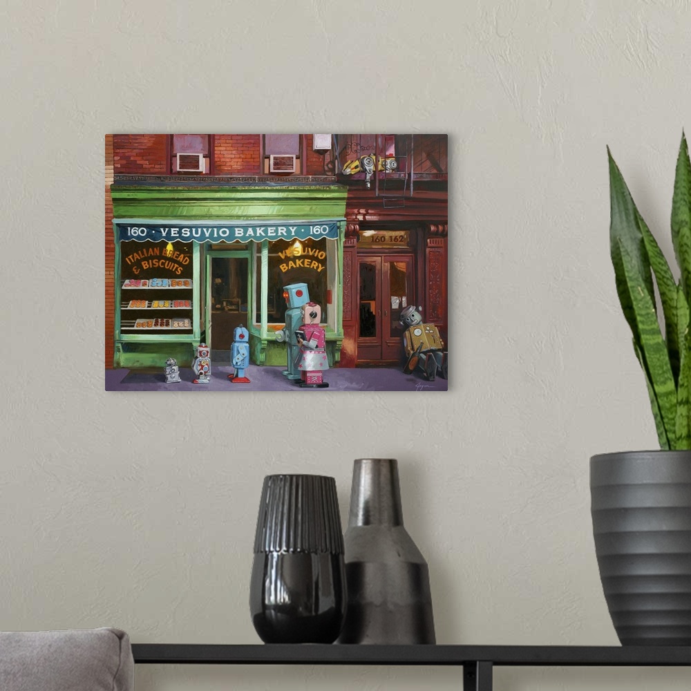 A modern room featuring A contemporary painting of a retro toy robot family outside a bakery.