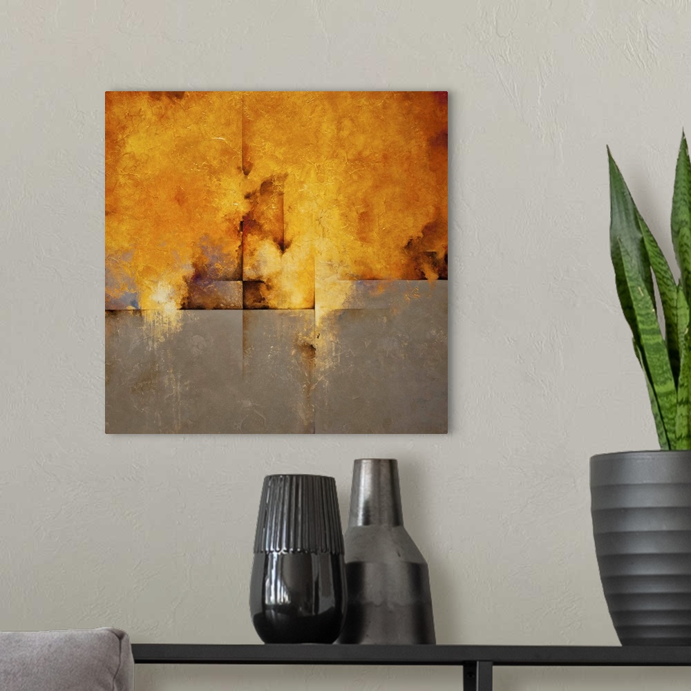 A modern room featuring Square contemporary abstract painting in in grey and orange.
