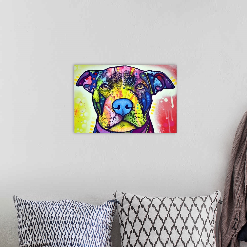 A bohemian room featuring dog, Pit bull