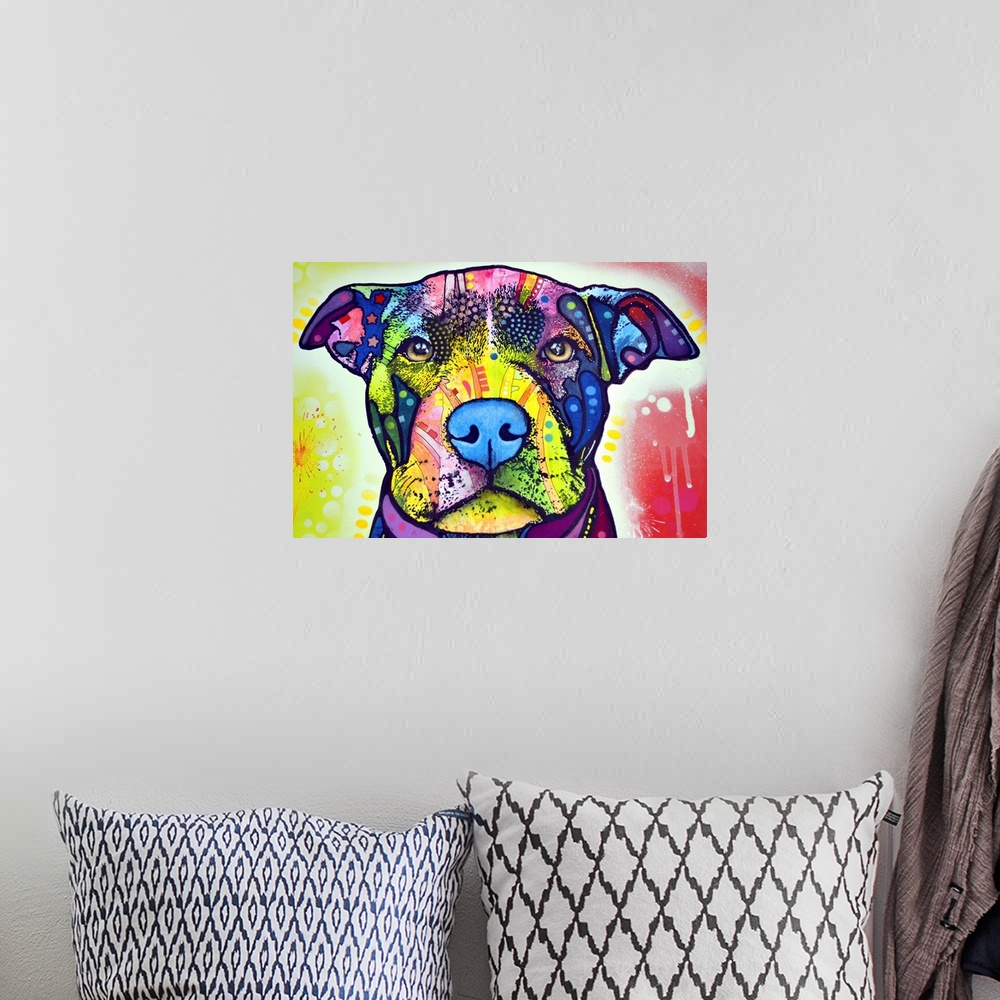 A bohemian room featuring dog, Pit bull
