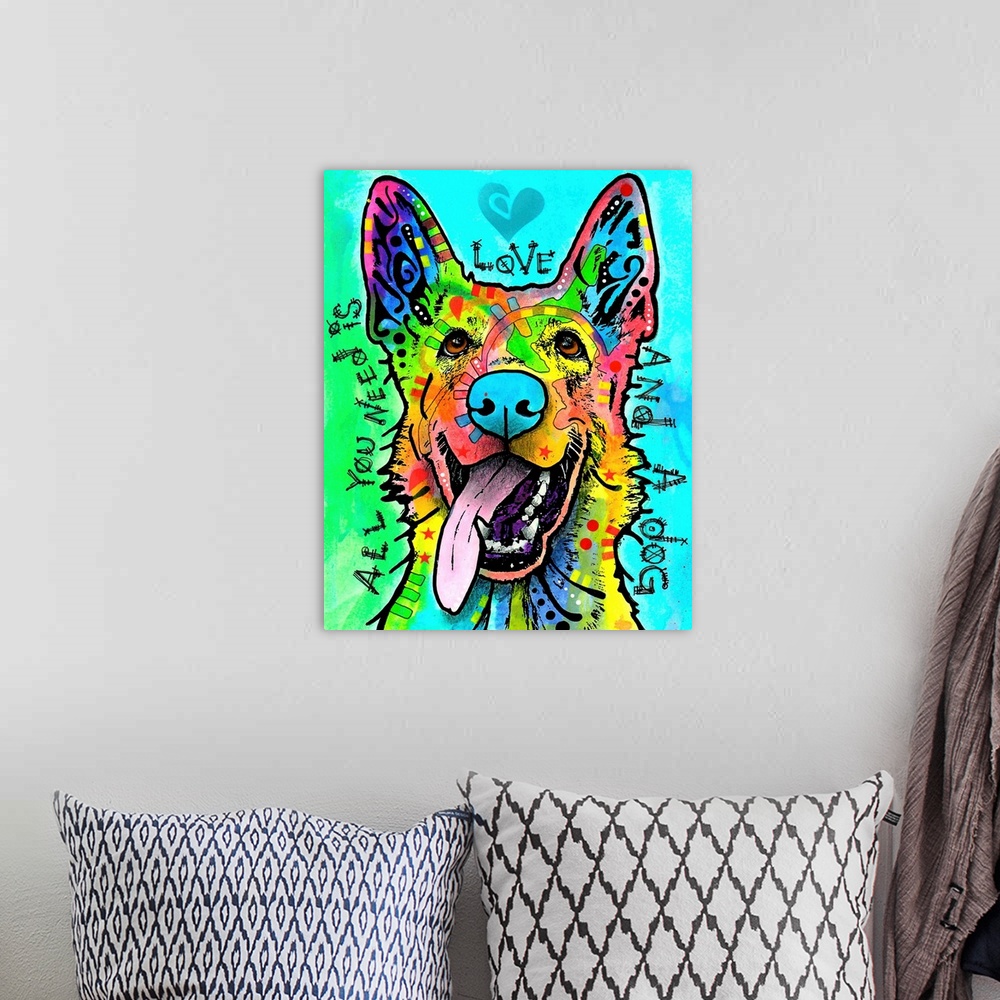 A bohemian room featuring "All You Need is Love and a Dog" handwritten around a colorful Canaan dog on a blue and green bac...