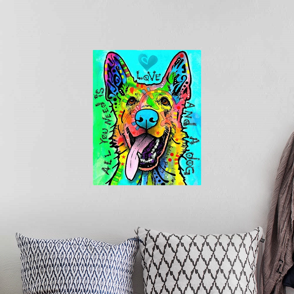 A bohemian room featuring "All You Need is Love and a Dog" handwritten around a colorful Canaan dog on a blue and green bac...