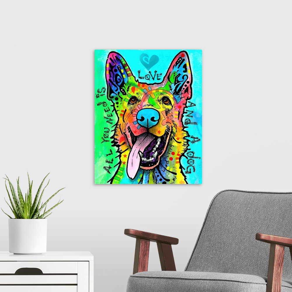 A modern room featuring "All You Need is Love and a Dog" handwritten around a colorful Canaan dog on a blue and green bac...