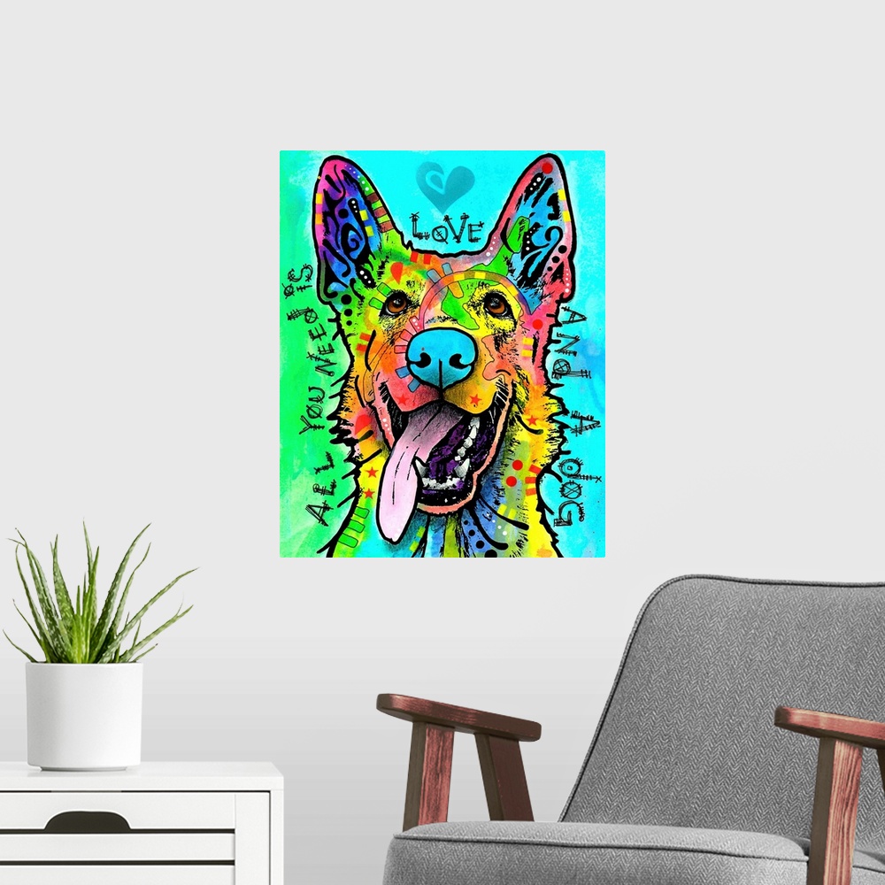 A modern room featuring "All You Need is Love and a Dog" handwritten around a colorful Canaan dog on a blue and green bac...