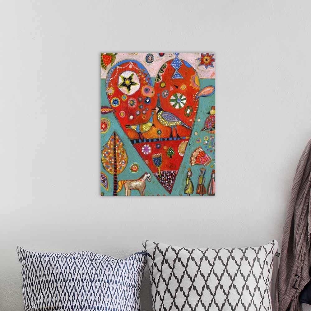 A bohemian room featuring Lighthearted contemporary painting of a heart with a collage of birds and bugs and flowers inside.