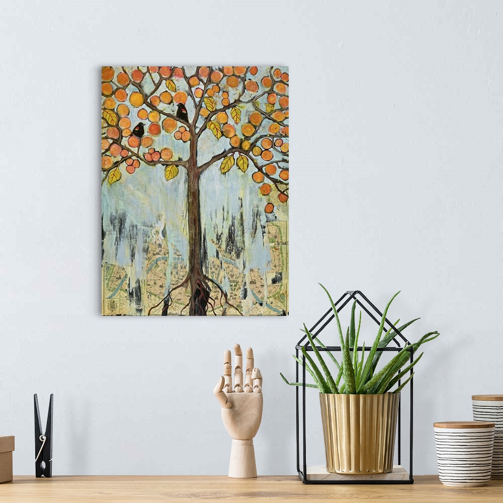 A bohemian room featuring Lighthearted contemporary painting of a tree with birds perched on the on the branches.